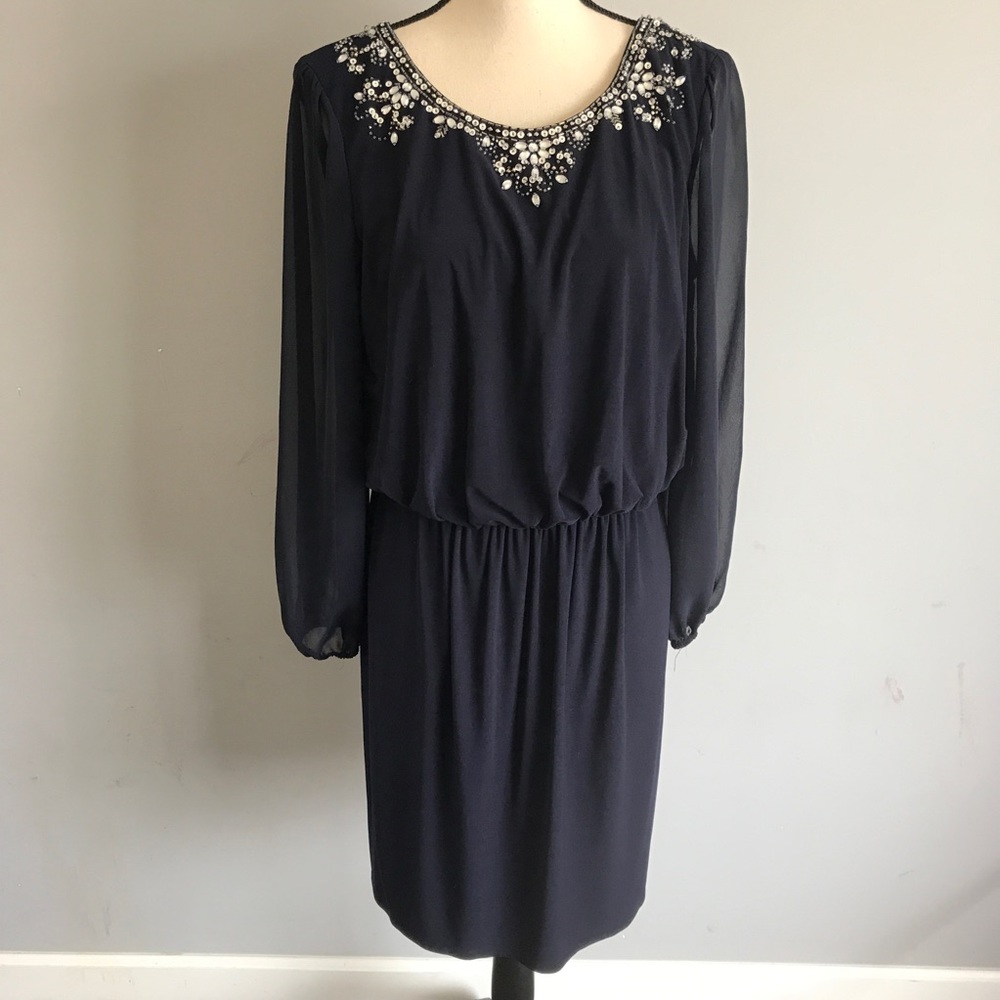 Alex evenings navy jeweled long sleeve mini dress